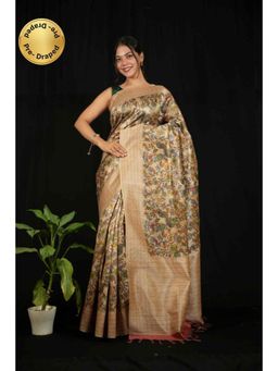 Isadora Life - Womens Floral Printed Beige Pre-Draped Saree With Unstitched Blouse