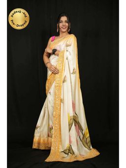 Isadora Life - Womens Floral Embroidered Ivory Pre-Draped Saree With Unstitched Blouse
