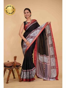 Isadora Life - Womens Printed Black Pre-Draped Saree With Unstitched Blouse