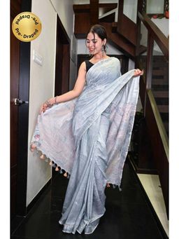 Isadora Life - Womens Printed Tassels Grey Pre-Draped Saree With Unstitched Blouse