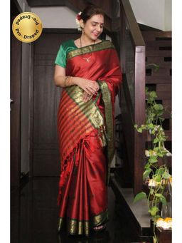 Isadora Life - Womens Woven Tassels Red Pre-Draped Saree With Unstitched Blouse