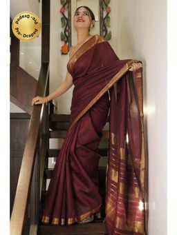 Isadora Life - Womens Woven Zari Maroon Pre-Draped Saree With Unstitched Blouse