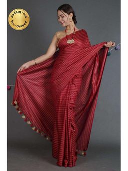 Isadora Life - Womens Stripes Tassels Maroon Pre-Draped Saree With Unstitched Blouse