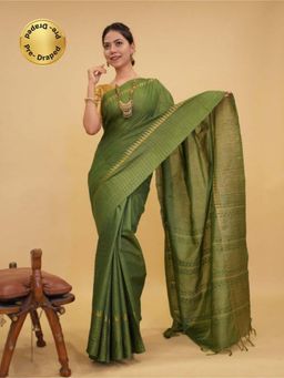Isadora Life - Womens Stripes Zari Green Pre-Draped Saree With Unstitched Blouse