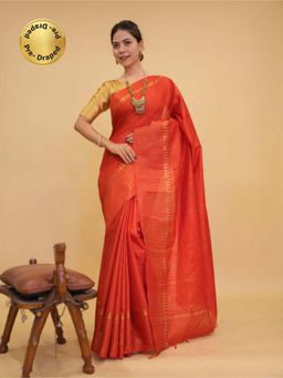 Isadora Life - Womens Stripes Zari Orange Pre-Draped Saree With Unstitched Blouse