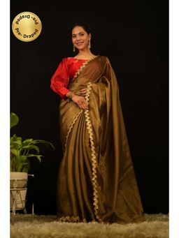 Isadora Life - Womens Solid Embroidered Olive Pre-Draped Saree With Unstitched Blouse