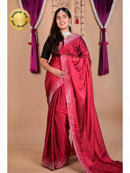 Isadora Life - Womens Beads Sequined Red Pre-Draped Saree With Unstitched Blouse