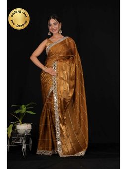 Isadora Life - Womens Sequined Mirror Work Brown Pre-Draped Saree With Unstitched Blouse