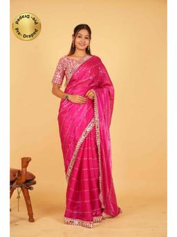 Isadora Life - Womens Sequined Mirror Work Pink Pre-Draped Saree With Unstitched Blouse