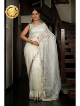 Isadora Life - Womens Sequined Mirror Work White Pre-Draped Saree With Unstitched Blouse