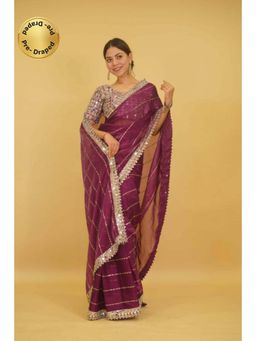 Isadora Life - Womens Sequined Mirror Work Purple Pre-Draped Saree With Unstitched Blouse