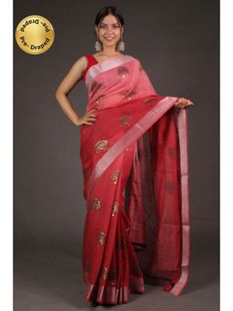 Isadora Life - Womens Ombre Printed Red Pre-Draped Saree With Unstitched Blouse