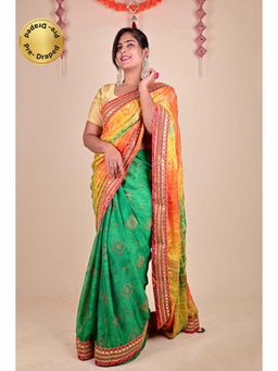Isadora Life - Womens Printed Gota Multi-Color Pre-Draped Saree With Unstitched Blouse