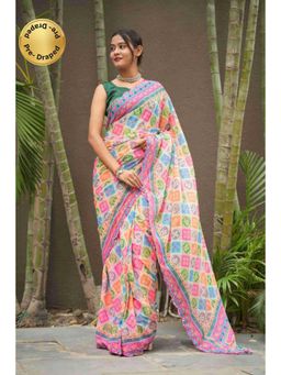 Isadora Life - Womens Printed Mirror Work Multi-Color Pre-Draped Saree With Unstitched Blouse