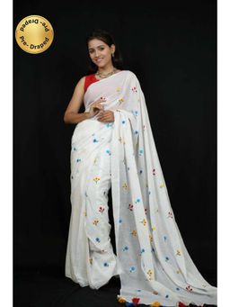Isadora Life - Womens Embroidered Tassels White Pre-Draped Saree With Unstitched Blouse