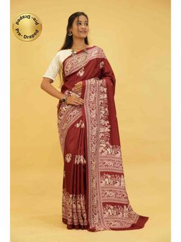 Isadora Life - Womens Printed Maroon Pre-Draped Saree With Unstitched Blouse