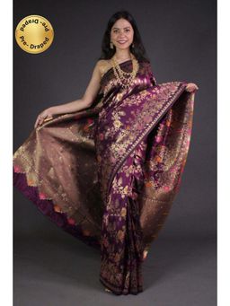 Isadora Life - Womens Woven Zari Purple Pre-Draped Saree With Unstitched Blouse