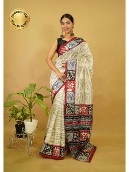 Isadora Life - Womens Typography Printed Cream Pre-Draped Saree With Unstitched Blouse