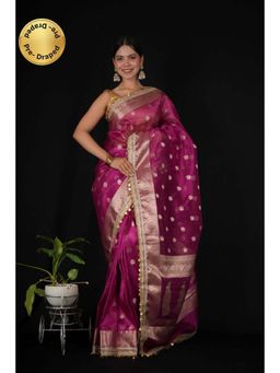Isadora Life - Womens Woven Zari Purple Pre-Draped Saree With Unstitched Blouse