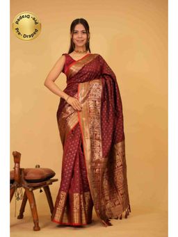 Isadora Life - Womens Woven Tassels Maroon Pre-Draped Saree With Unstitched Blouse