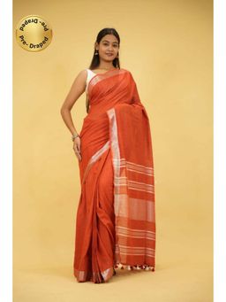 Isadora Life - Womens Woven Tassels Orange Pre-Draped Saree With Unstitched Blouse