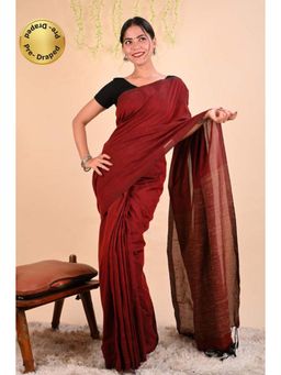Isadora Life - Womens Woven Tassels Maroon Pre-Draped Saree With Unstitched Blouse