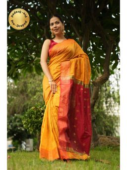 Isadora Life - Womens Woven Tassels Yellow Pre-Draped Saree With Unstitched Blouse