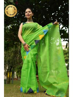 Isadora Life - Womens Solid Tassels Green Pre-Draped Saree With Unstitched Blouse