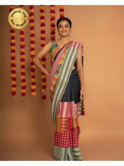 Isadora Life - Womens Printed Multi-Color Pre-Draped Saree With Unstitched Blouse