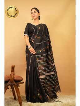 Isadora Life - Womens Embroidered Tassels Black Pre-Draped Saree With Unstitched Blouse