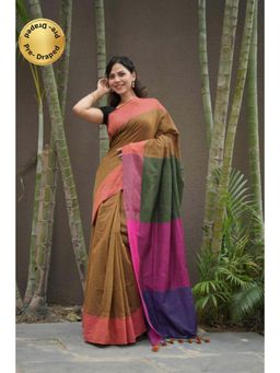 Isadora Life - Womens Colorblock Tassels Multi-Color Pre-Draped Saree With Unstitched Blouse