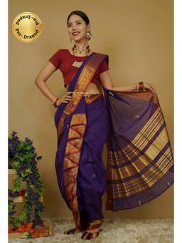 Isadora Life - Womens Woven Zari Purple Pre-Draped Saree With Unstitched Blouse