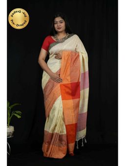 Isadora Life - Womens Woven Tassels Cream Pre-Draped Saree With Unstitched Blouse