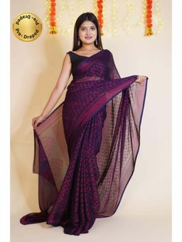 Isadora Life - Womens Printed Purple Pre-Draped Saree With Unstitched Blouse