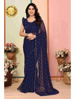 Isadora Life - Womens Sequined Navy Blue Pre-Draped Saree With Unstitched Blouse