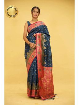 Isadora Life - Womens Woven Tassels Blue Pre-Draped Saree With Unstitched Blouse