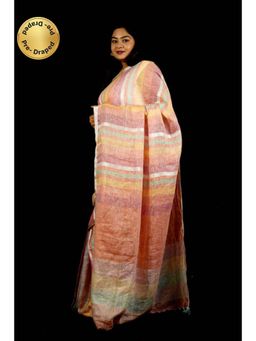 Isadora Life - Womens Stripes Tassels Multi-Color Pre-Draped Saree With Unstitched Blouse