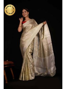 Isadora Life - Womens Woven Zari Silver Pre-Draped Saree With Unstitched Blouse