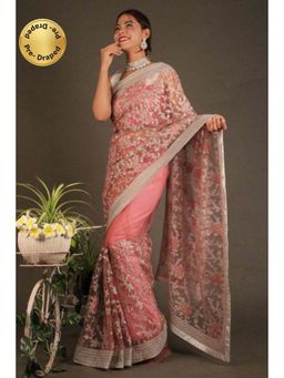 Isadora Life - Womens Embroidered Sequined Peach Pre-Draped Saree With Unstitched Blouse