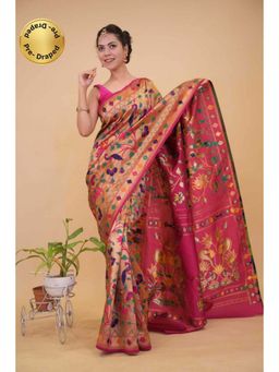 Isadora Life - Womens Floral Zari Pink Pre-Draped Saree With Unstitched Blouse