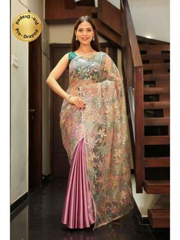 Isadora Life - Womens Embroidered Sequined Pink Pre-Draped Saree With Unstitched Blouse