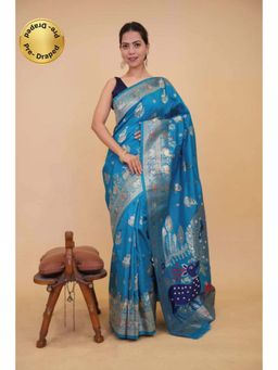 Isadora Life - Womens Woven Zari Blue Pre-Draped Saree With Unstitched Blouse