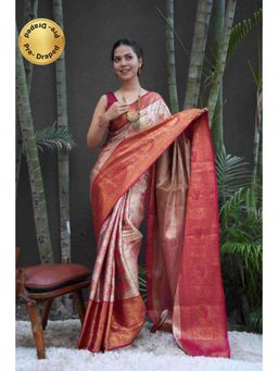Isadora Life - Womens Floral Zari Beige Pre-Draped Saree With Unstitched Blouse