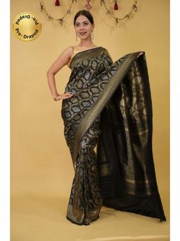 Isadora Life - Womens Woven Zari Black Pre-Draped Saree With Unstitched Blouse