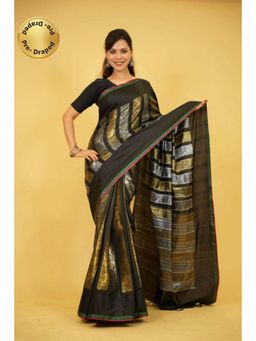 Isadora Life - Womens Woven Zari Black Pre-Draped Saree With Unstitched Blouse