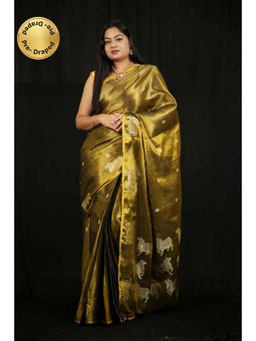 Isadora Life - Womens Woven Zari Green Pre-Draped Saree With Unstitched Blouse