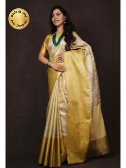 Isadora Life - Womens Woven Zari Ivory Pre-Draped Saree With Unstitched Blouse