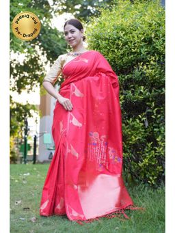 Isadora Life - Womens Printed Tassels Red Pre-Draped Saree With Unstitched Blouse