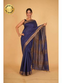 Isadora Life - Womens Woven Tassels Navy Blue Pre-Draped Saree With Unstitched Blouse