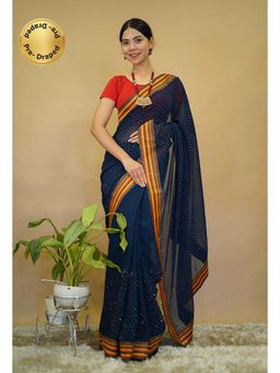 Isadora Life - Womens Embroidered Sequined Navy Blue Pre-Draped Saree With Unstitched Blouse